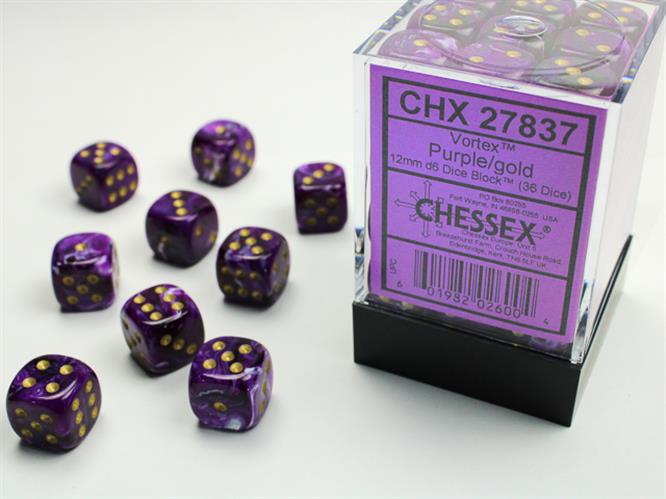 CHX 27837 - SET 36 DADI 6 FACCE 12MM - VORTEX PURPLE W/GOLD