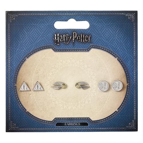 WE0104 - HARRY POTTER - SET DI ORECCHINI - DONI DELLA MORTE, BOCCINO D'ORO, BINARIO 9 3/4