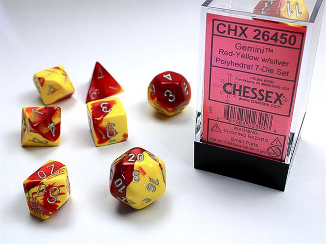 CHX 26450 - SET 7 DADI POLIEDRICI GEMINI - RED-YELLOW W/SILVER