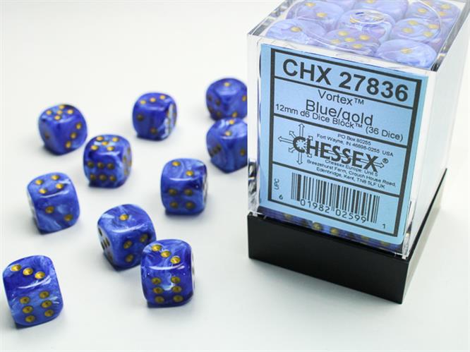 CHX 27836 - SET 36 DADI 6 FACCE 12MM - VORTEX BLUE W/GOLD
