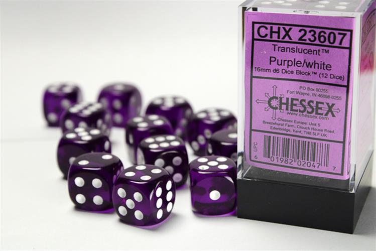 CHX 23607 - SET 12 DADI 6 FACCE 16MM - PURPLE W/WHITE