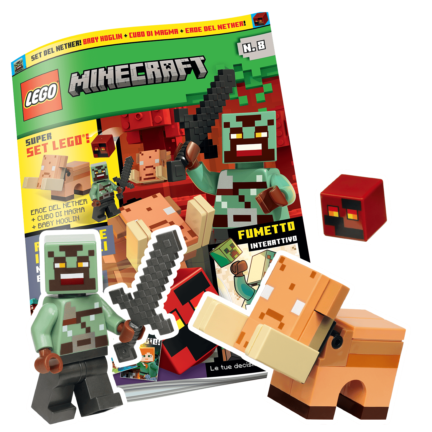 LEGO MINECRAFT N.8 - SET LEGO: BABY HOGLIN + CUBO DI MAGMA + EROE DEL NETHER!