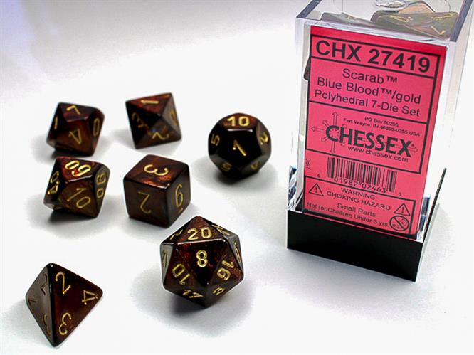 CHX 27419 - SET 7 DADI POLIEDRICI - SCARAB BLUE BLOOD W/GOLD