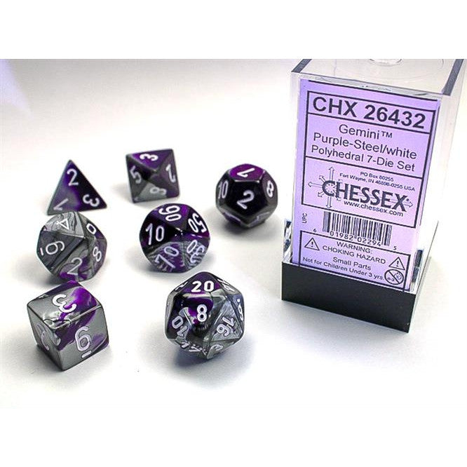 CHX 26432 - SET 7 DADI POLIEDRICI GEMINI - PURPLE-STEEL W/WHITE