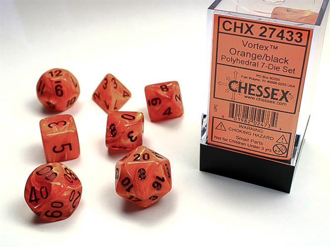CHX 27433 - SET 7 DADI POLIEDRICI - VORTEX ORANGE W/BLACK