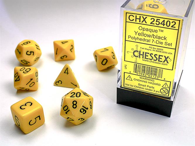 CHX 25402 - SET 7 DADI POLIEDRICI OPACHI - YELLOW W/BLACK