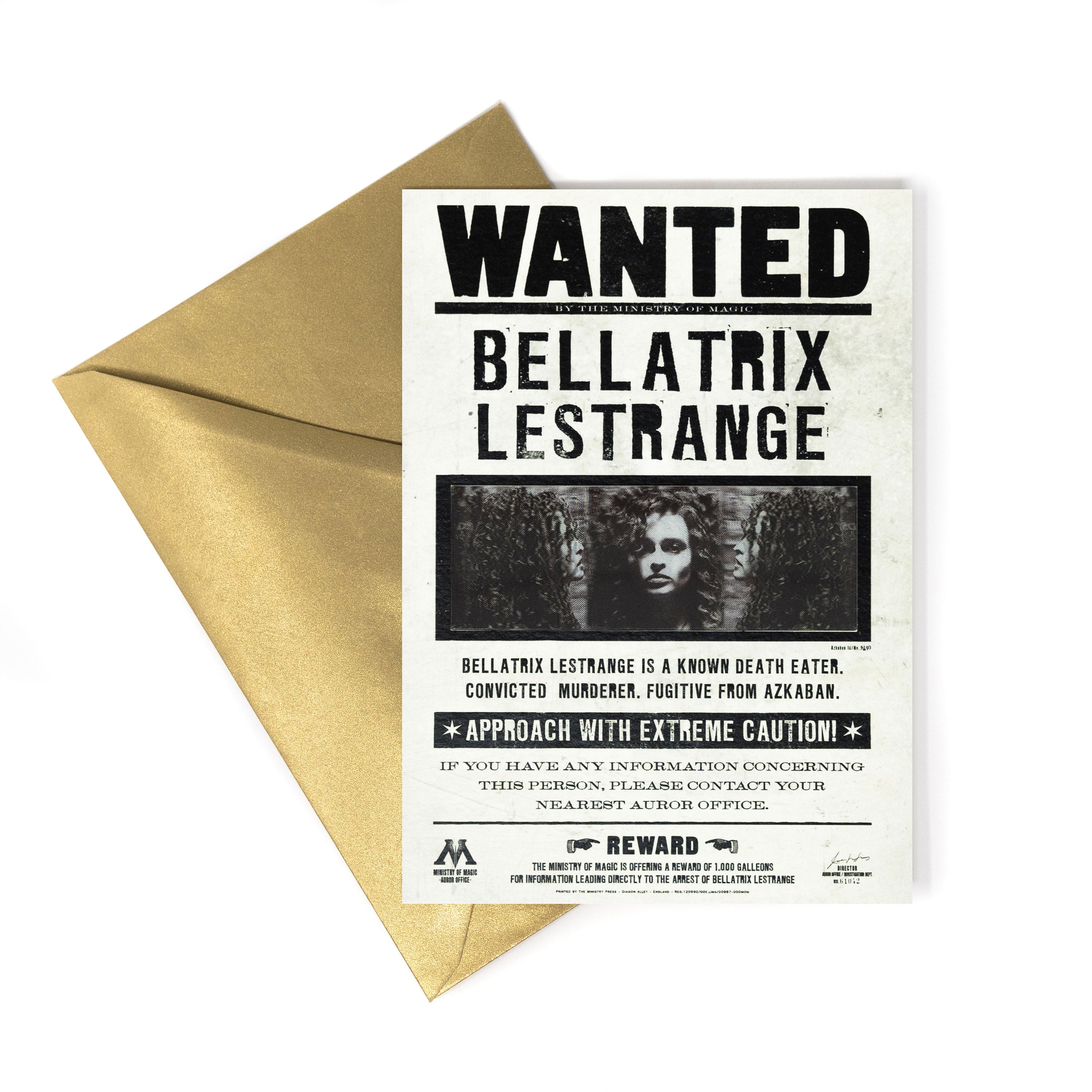 HPCARD33 - HARRY POTTER - MINISTRY OF MAGIC: BELLATRIX LESTRANGE WANTED NOTICE - NOTECARD