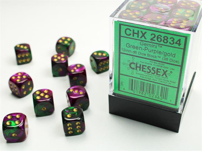 CHX 26834 - SET 36 DADI 6 FACCE 12 MM GEMINI - GREEN-PURPLE W/GOLD