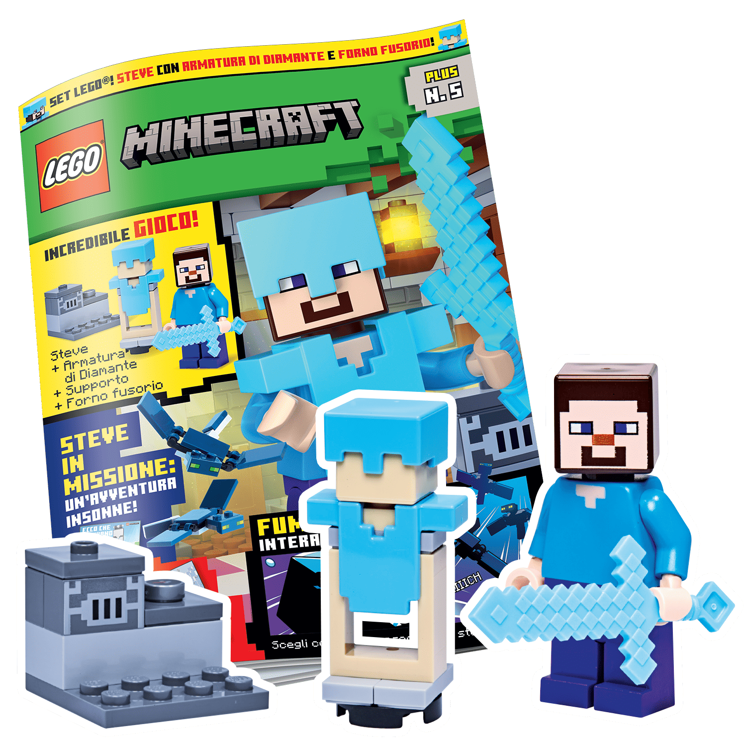 LEGO MINECRAFT PLUS N.5 - SET GIOCO LEGO: STEVE + ARMATURA DI DIAMANTE + SUPPORTO + FORNO FUSORIO