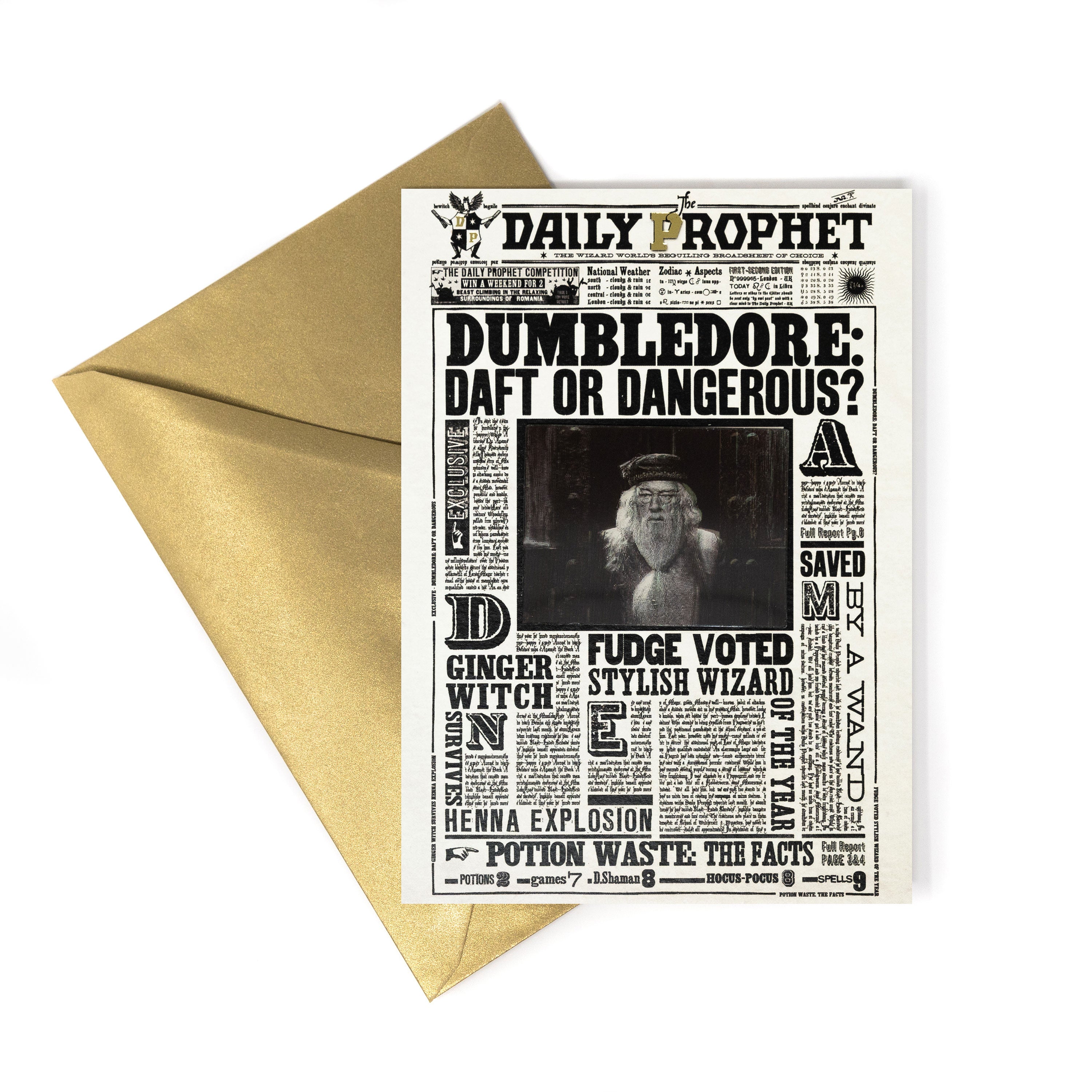 HPCARD12 - HARRY POTTER - THE DAILY PROPHET: 'DUMBLEDORE: DAFT OR DANGEROUS?' - NOTECARD