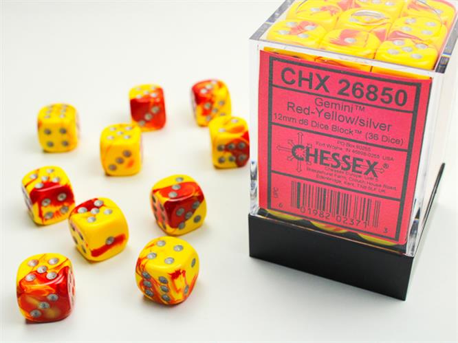 CHX 26850 - SET 36 DADI 6 FACCE 12 MM GEMINI - RED-YELLOW W/SILVER