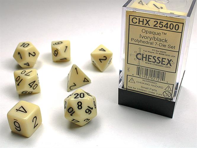 CHX 25400 - SET 7 DADI POLIEDRICI OPACHI - IVORY W/BLACK