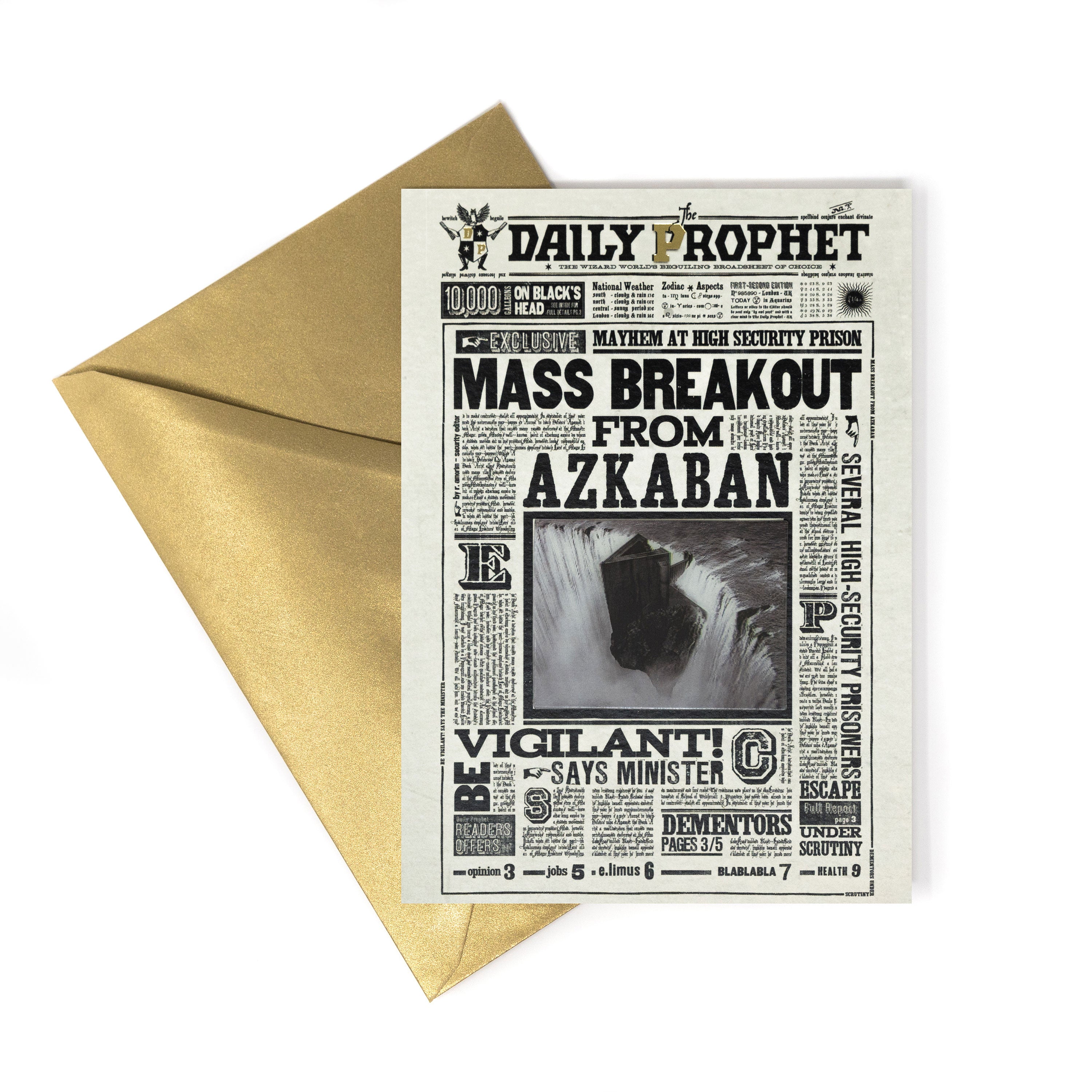 HPCARD32 - HARRY POTTER - THE DAILY PROPHET: 'MASS BREAKOUT FROM AZKABAN' - NOTECARD