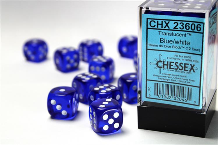 CHX 23606 - SET 12 DADI 6 FACCE 16MM - BLUE W/WHITE