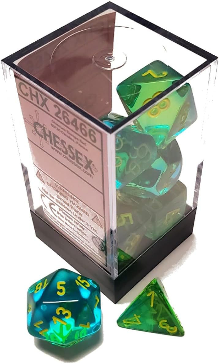 CHX 26466 - SET 7 DADI POLIEDRICI GEMINI - TRANSLUCENT GREEN-TEAL/YELLOW