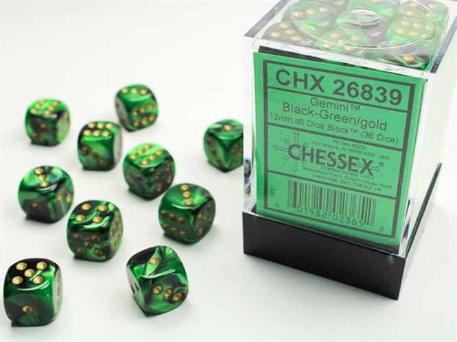CHX 26839 - SET 36 DADI 6 FACCE 12 MM GEMINI - BLACK-GREEN W/GOLD
