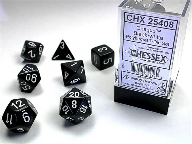 CHX 25408 - SET 7 DADI POLIEDRICI OPACHI - BLACK W/WHITE