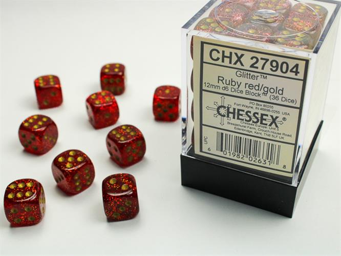 CHX 27904 - SET 36 DADI 6 FACCE 12MM - GLITTER RUBY/GOLD